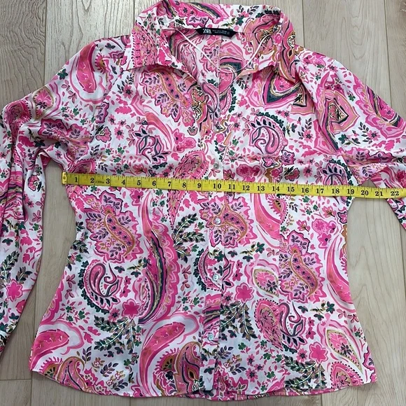 Zara Pink Paisley Print Satin Button Front Collared Shirt, sz L - Picture 10 of 13